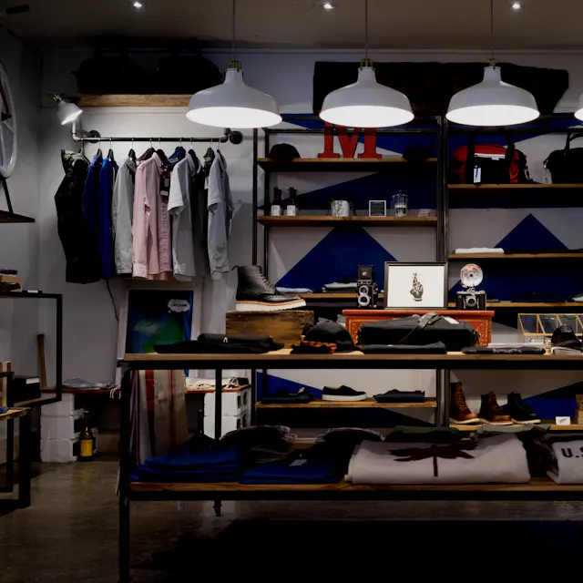 Interior de una tienda de ropa con producto expuesto en estanterías y mesas